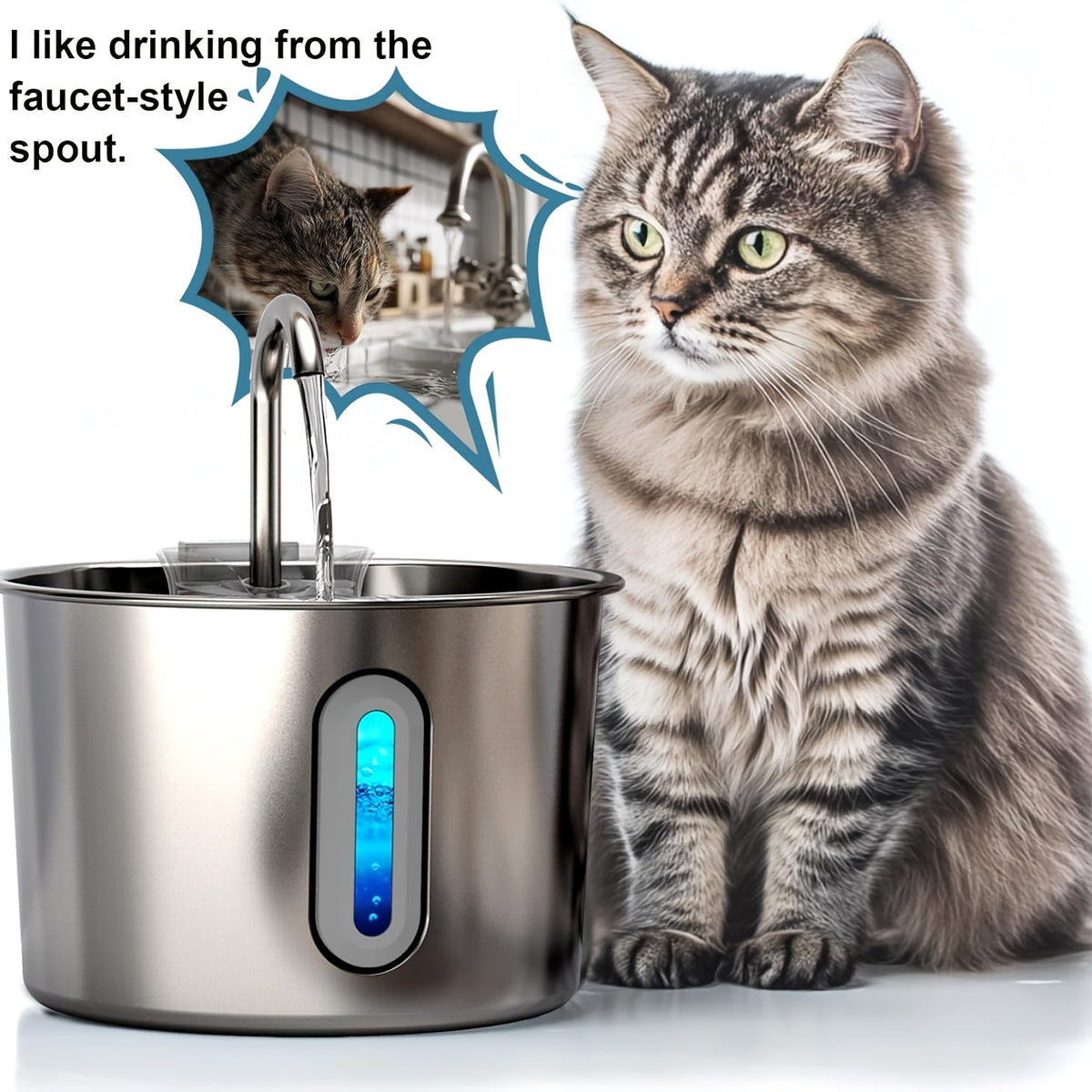 304 Stainless Steel Cat Water Fountain with Silent Pump, Visible Water Level Window, Multi-Filter System, USB-Powered, No Battery Needed, Ideal for Indoor Cats, Cat Water Fountain Indoor, Modern Pet Accessory, Durable Petware
