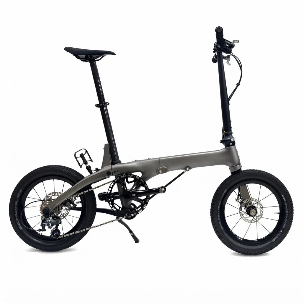 17 lbs Carbon Fiber Folding Bike — Featuring 16-inch wheels, disc brakes, and a Shimano Tiagra drivetrain