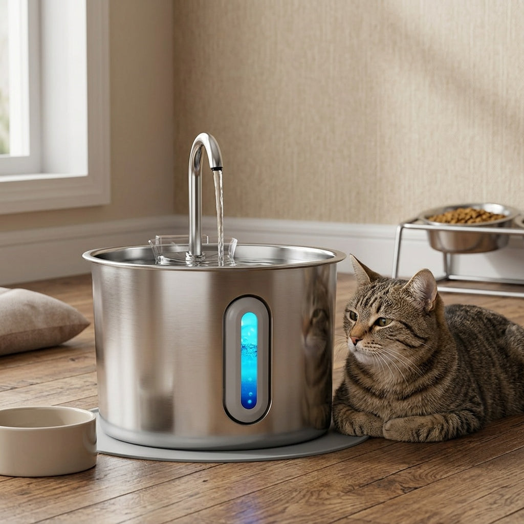 304 Stainless Steel Cat Water Fountain with Silent Pump, Visible Water Level Window, Multi-Filter System, USB-Powered, No Battery Needed, Ideal for Indoor Cats, Cat Water Fountain Indoor, Modern Pet Accessory, Durable Petware