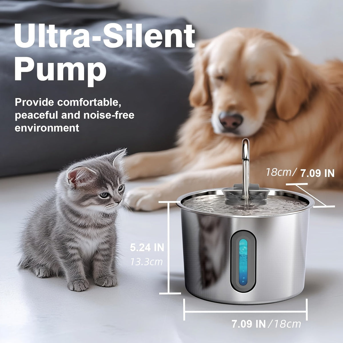 304 Stainless Steel Cat Water Fountain with Silent Pump, Visible Water Level Window, Multi-Filter System, USB-Powered, No Battery Needed, Ideal for Indoor Cats, Cat Water Fountain Indoor, Modern Pet Accessory, Durable Petware