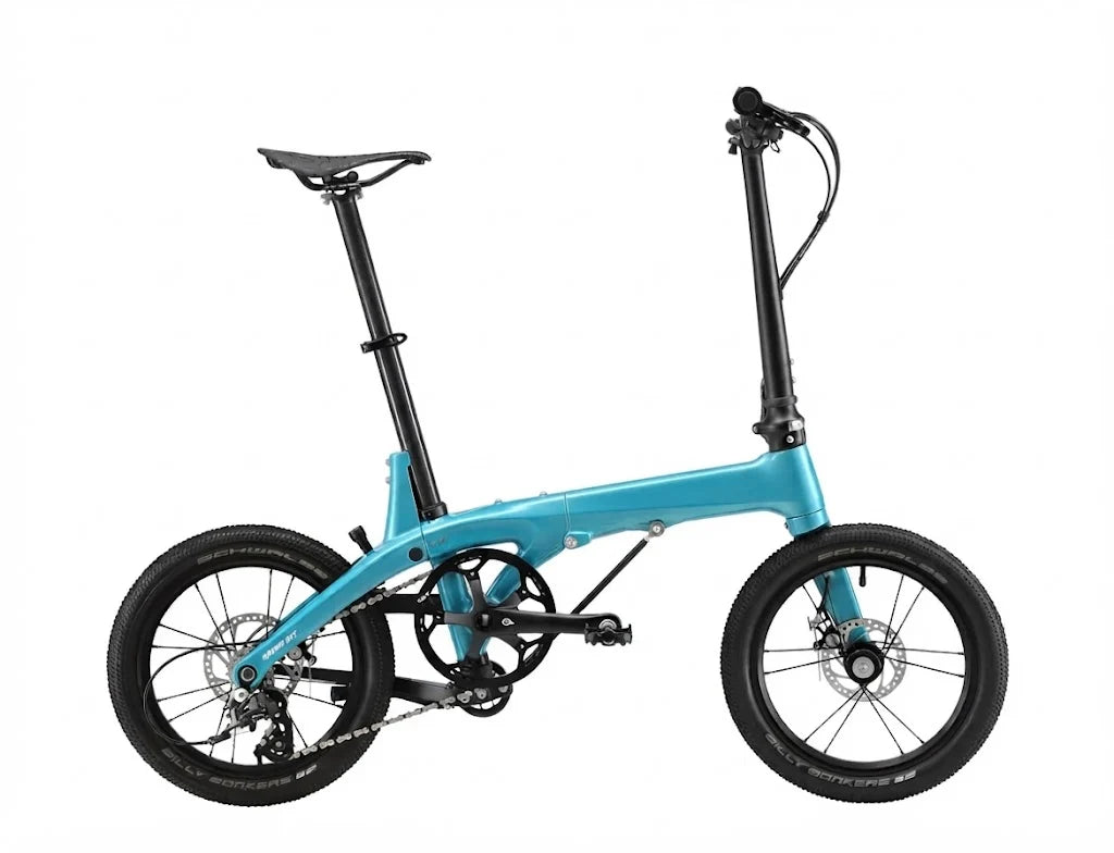 17 lbs Carbon Fiber Folding Bike — Featuring 16-inch wheels, disc brakes, and a Shimano Tiagra drivetrain