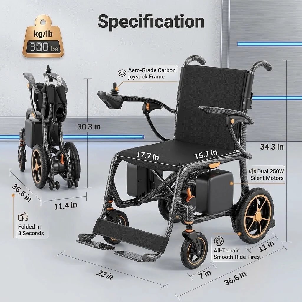 28-Lb Carbon Fiber Foldable Electric Wheelchair-28-Mile Range