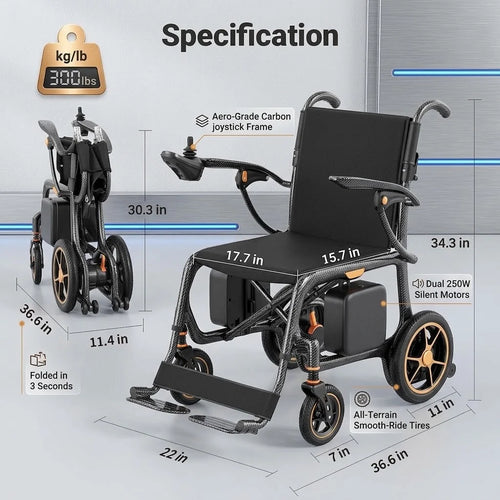 28-Lb Carbon Fiber Foldable Electric Wheelchair-28-Mile Range