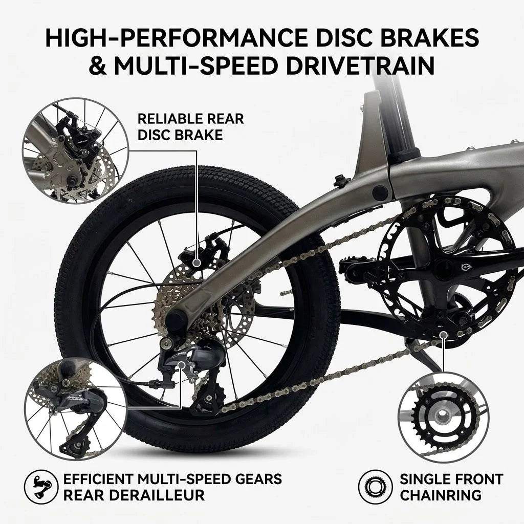 17 lbs Carbon Fiber Folding Bike — Featuring 16-inch wheels, disc brakes, and a Shimano Tiagra drivetrain