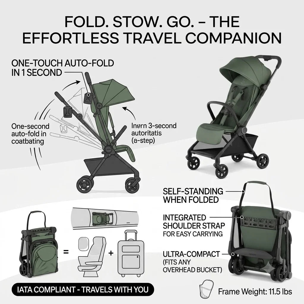 11.5 lbs Lightweight Travel Stroller | One-Second Auto Fold | Airplane Carry-On Compatible | Full Recline