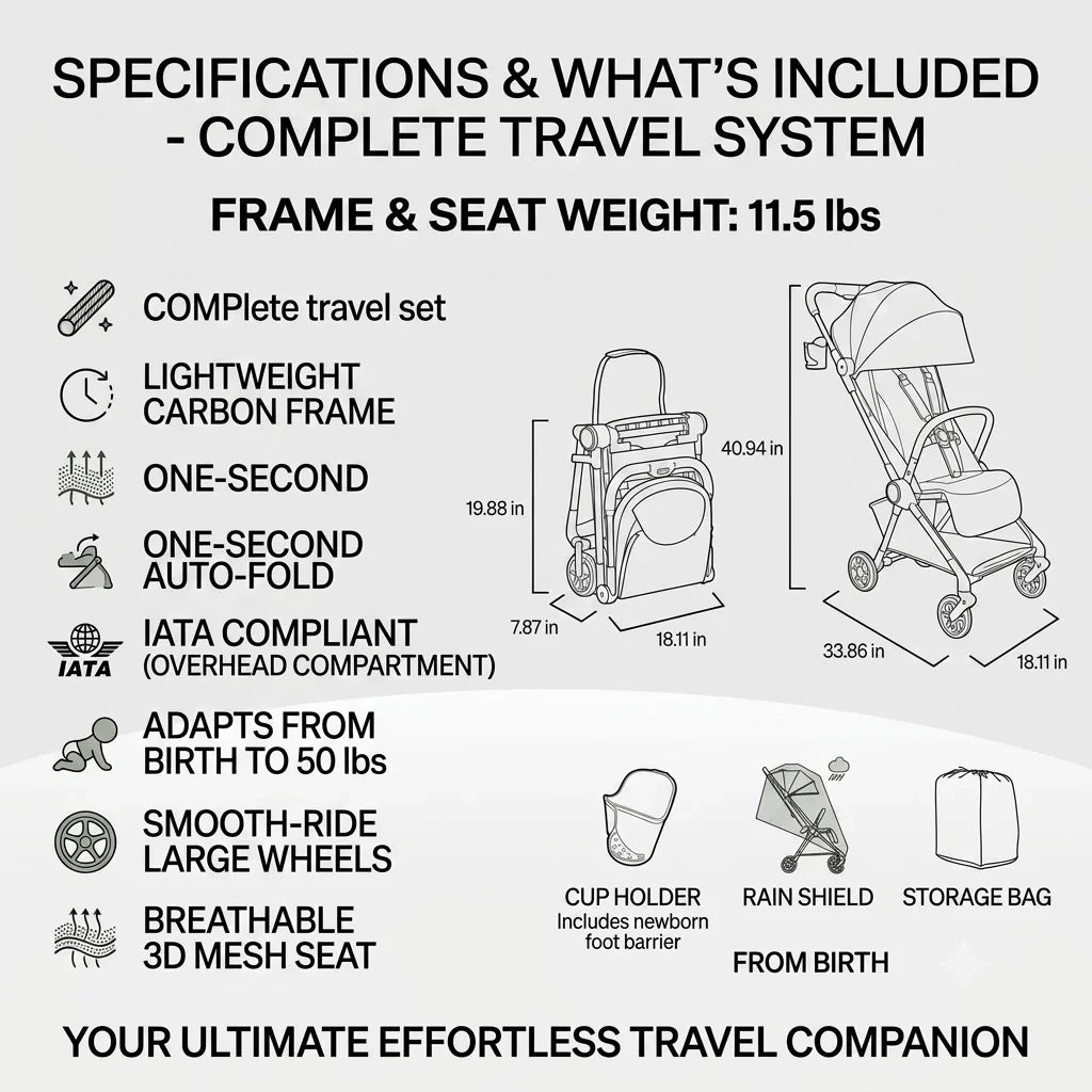 11.5 lbs Lightweight Travel Stroller | One-Second Auto Fold | Airplane Carry-On Compatible | Full Recline