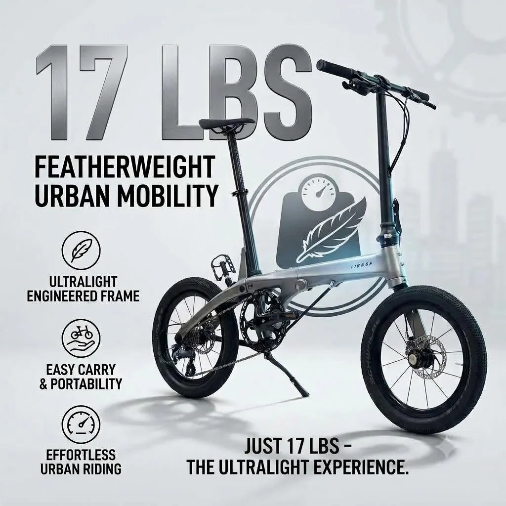 17 lbs Carbon Fiber Folding Bike — Featuring 16-inch wheels, disc brakes, and a Shimano Tiagra drivetrain