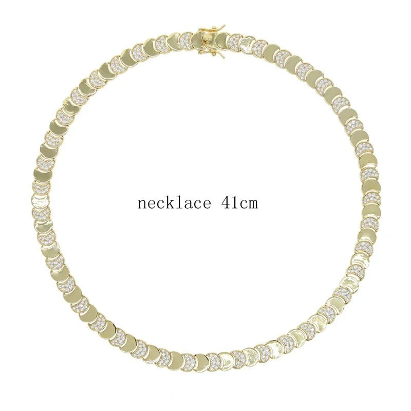 Geometric Moon Shaped Bling Cz Charm Link Chain High Polished Shiny Gold Color Metal Bracelet Necklace Fashion Women Jewelry