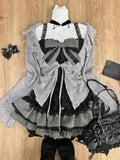 Sweet Lolita Early Autumn Three Piece Set Lace up Ruffles Cardigan Sexy Slim Fit Strapless Vest Tops High Waist Ruched Skirts