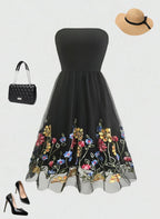New Elegant Summer Dress for Women Embroidered Mesh Floral Strapless Casual Vintage Party Sleeveless Knee-Length Female Dress