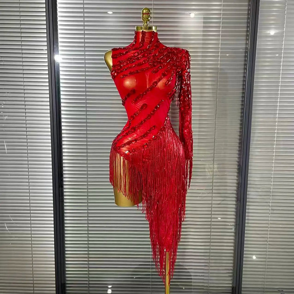 Black Red Women Sexy One Shoulder Shinning Crystal Sequins Tassels Bodycon Mid-calf Dress Nightclub Party Bar Dancer Costumes
