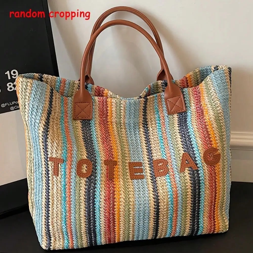 This stylish, colorful striped straw tote bag features a bohemian-style handwoven letter pattern and contrasting colors. A versatile and simple shoulder bag, perfect for summer beach vacations, everyday outings, or shopping.