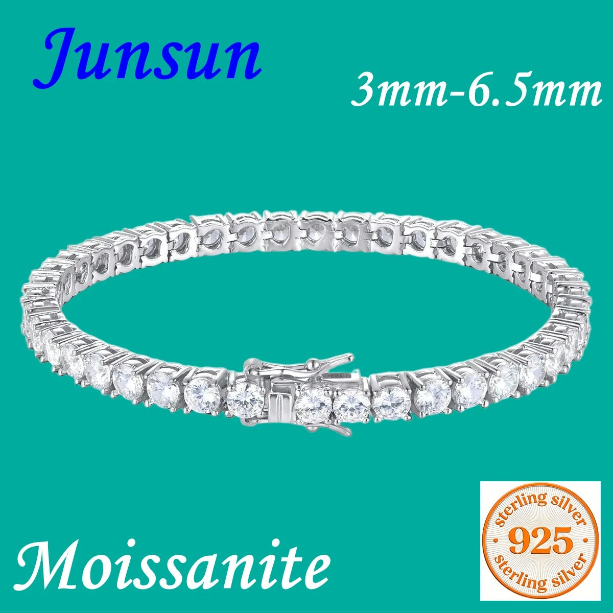 Junsun 3mm to 6.5mm D Color VVS1 Moissanite Tennis Bracelet for Women Men S925 Sterling Silver Fine Jewelry for Wife Husband