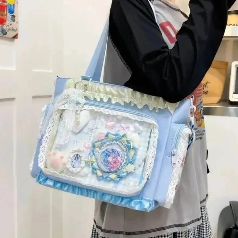Y2k New Sweet Ita Shoulder Bag Lolita Girl Transparent Crossbody Bag Women Large Capacity Lace Tote Bag Cute DIY Display Handbag