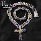 Colorful Flower Cuban Chain Full Paved Iced Out Bling Cubic Zirconia Cross Charms Baguette CZ Cuban Chain HipHop Jewelry