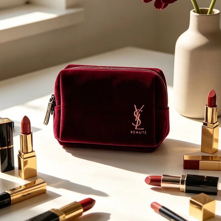 YSL’s Bag Wine Red Velvet Mini Portable Square Cosmetic Bag Vintage Zipper Storage Pouch For Lipsticks Keys Cards Elegant Holida
