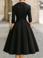 Women's Vintage V Neck Long Sleeve Wrap Waist A Line Midi Dress with Pockets