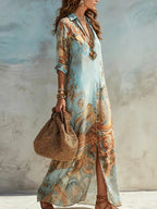 Elegant Shirt Dress for Women Digital Print Turndown Collar Single-breasted Dresses Flowy Casual Boho Summer Clothing