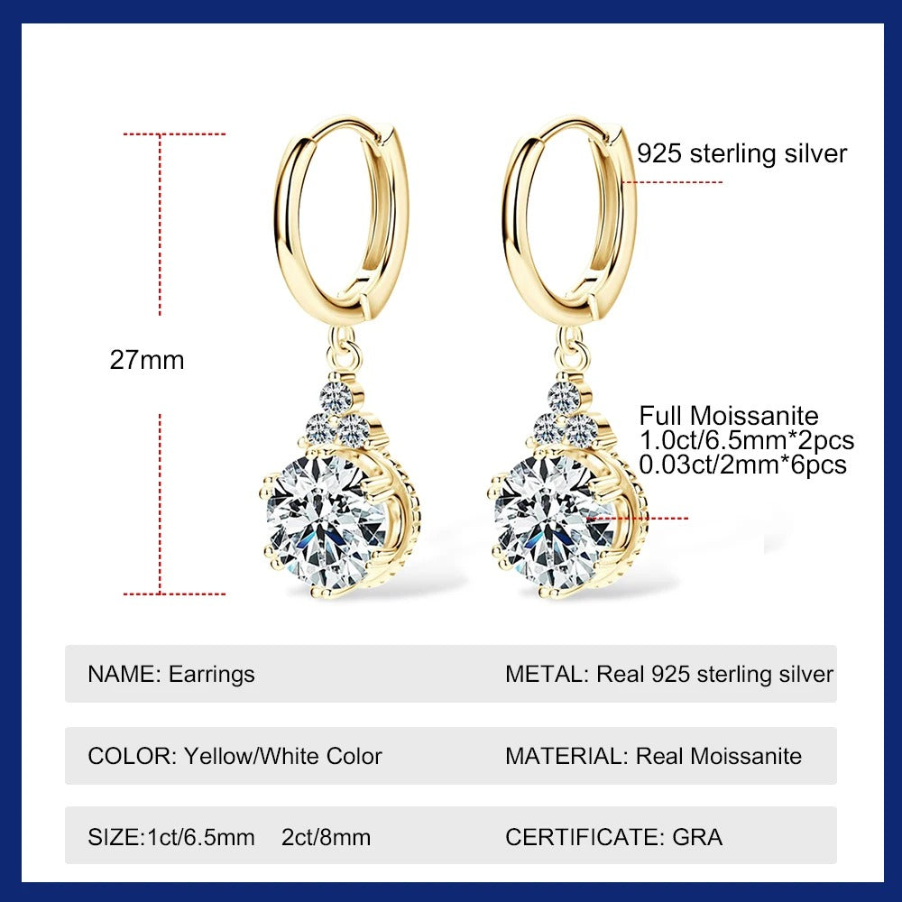Sweetrain 1CT 2CT Moissanite Drop Earrings For Women Sparkling Lab Diamond 18K Gold Plated 925 Sterling Silver Dangle Earring