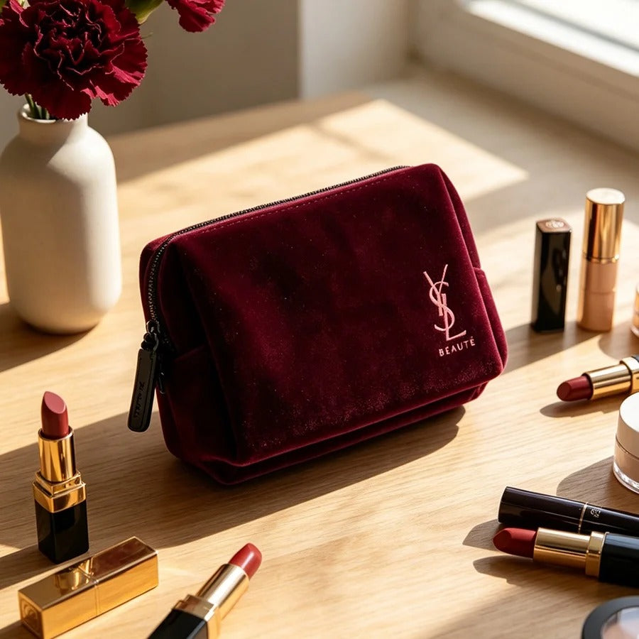 YSL’s Bag Wine Red Velvet Mini Portable Square Cosmetic Bag Vintage Zipper Storage Pouch For Lipsticks Keys Cards Elegant Holida