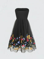 New Elegant Summer Dress for Women Embroidered Mesh Floral Strapless Casual Vintage Party Sleeveless Knee-Length Female Dress