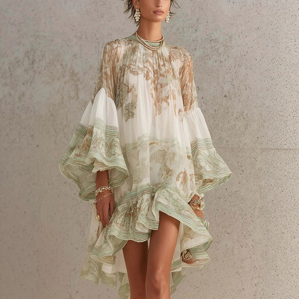 Vintage Floral Print Chiffon Mini Dress Elegant Flare Sleeve Crew Neck Ruffle Loose Beach Dress Irregular Hem Chic Boho Vestidos