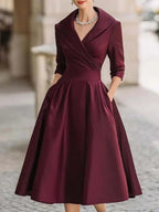 Women's Vintage V Neck Long Sleeve Wrap Waist A Line Midi Dress with Pockets