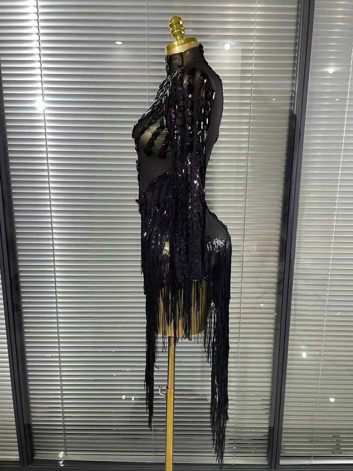 Black Red Women Sexy One Shoulder Shinning Crystal Sequins Tassels Bodycon Mid-calf Dress Nightclub Party Bar Dancer Costumes