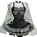 Sweet Lolita Early Autumn Three Piece Set Lace up Ruffles Cardigan Sexy Slim Fit Strapless Vest Tops High Waist Ruched Skirts