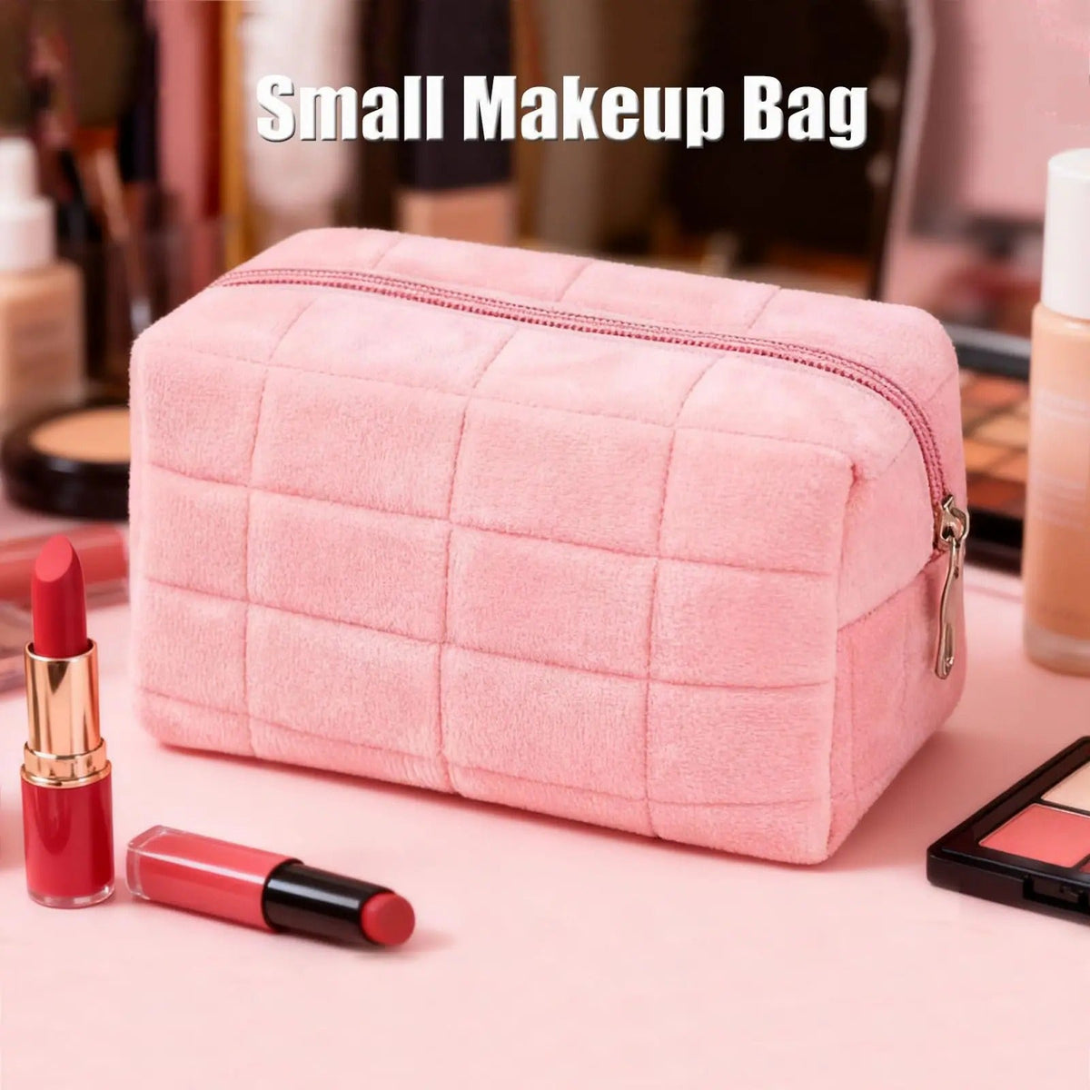 Soft Plush Quilted Cosmetic Bag Portable Zipper Makeup Organizer Cute Travel Toiletry Pouch for Women Girls