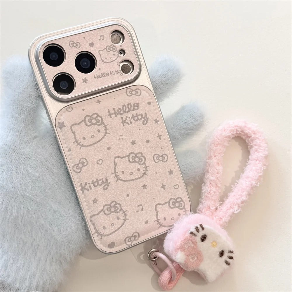 INS Electroplated Leather Hellokitty Phone Case for iPhone 17 Pro 15 14 16 Pro Max Fundas with Plush Pendant Strap Cute Cases