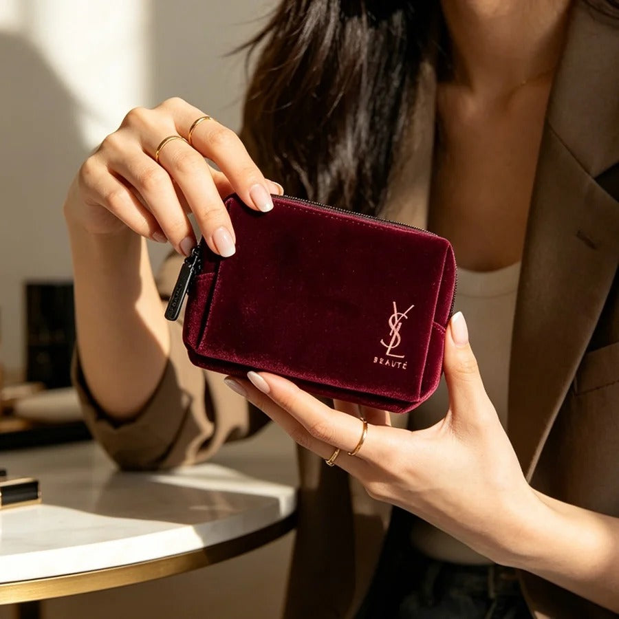 YSL’s Bag Wine Red Velvet Mini Portable Square Cosmetic Bag Vintage Zipper Storage Pouch For Lipsticks Keys Cards Elegant Holida