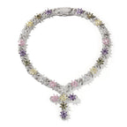 Colorful Flower Cuban Chain Full Paved Iced Out Bling Cubic Zirconia Cross Charms Baguette CZ Cuban Chain HipHop Jewelry