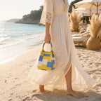 Mini Knitted Bucket Bag Women Small Handbag Geometric Colorblock Wristlet Purse With Detachable Handle