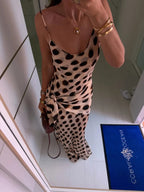 Elegant Animal Print Maxi Dress Detachable Scarf Spaghetti Strap Tie Waist Slim Fit Skirt Women Summer Party Vacation Outfit New