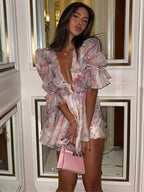 Elegant Floral Printed Mini A-line Dress Women Deep V-neck Puff Half Sleeve Waist-cinching Dresses 2026 Lady Party Club Gown