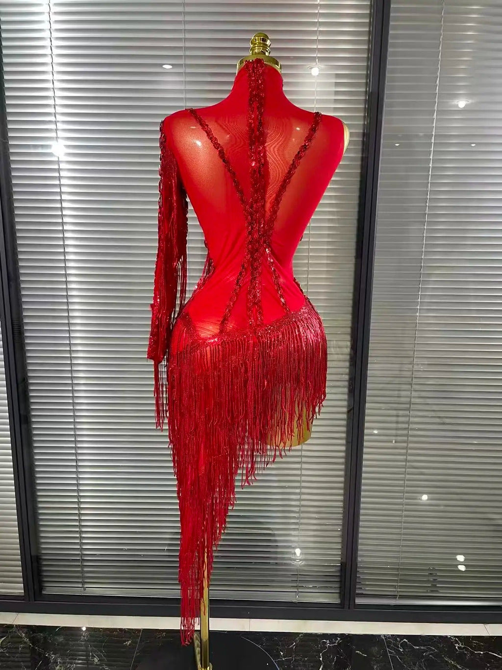 Black Red Women Sexy One Shoulder Shinning Crystal Sequins Tassels Bodycon Mid-calf Dress Nightclub Party Bar Dancer Costumes