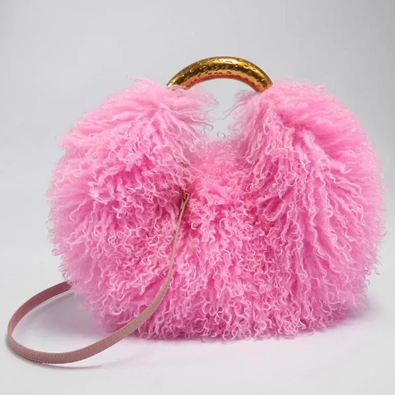 Women's Fashion Long Fur Wool Bag beach Faux Wool Fur Shoulder Bag Ladies Faux Furs Handbag Luxury Mongolian Sheep Fur Bags