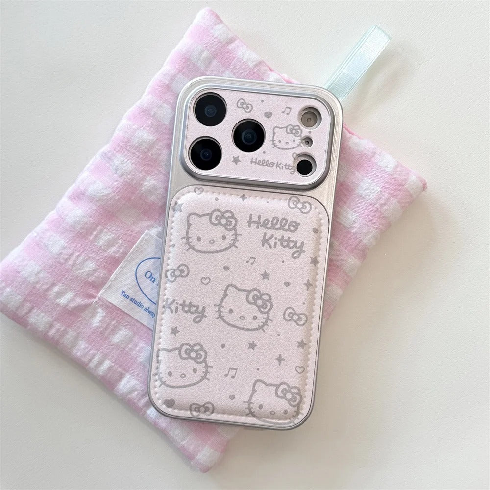 INS Electroplated Leather Hellokitty Phone Case for iPhone 17 Pro 15 14 16 Pro Max Fundas with Plush Pendant Strap Cute Cases